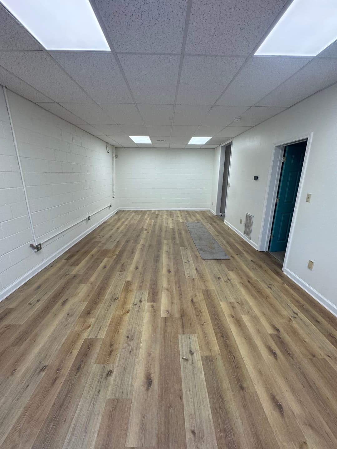 Empty room with wood flooring, white walls, and blue door, featuring fluorescent ceiling lights.